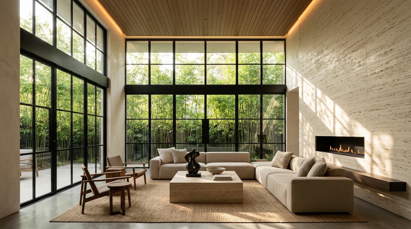 Warm minimalist living room with travertine wall and smoked oak details