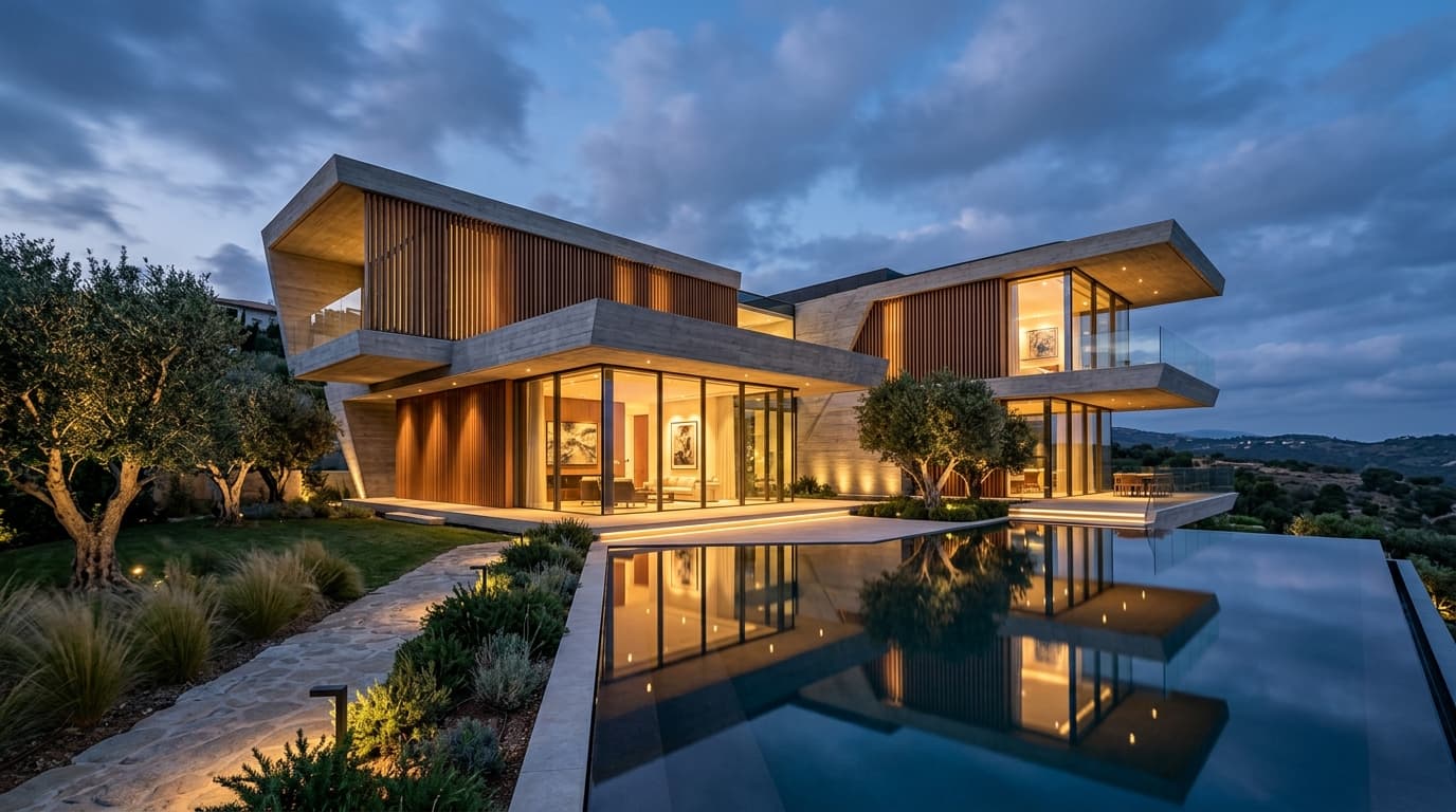 Exterior cantilevered facade of The Glass Pavilion Villa